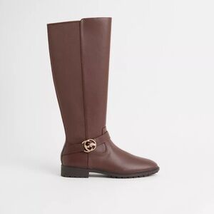 COACH Farrah Logo Buckle Riding Leather Boots Walnut Women's
